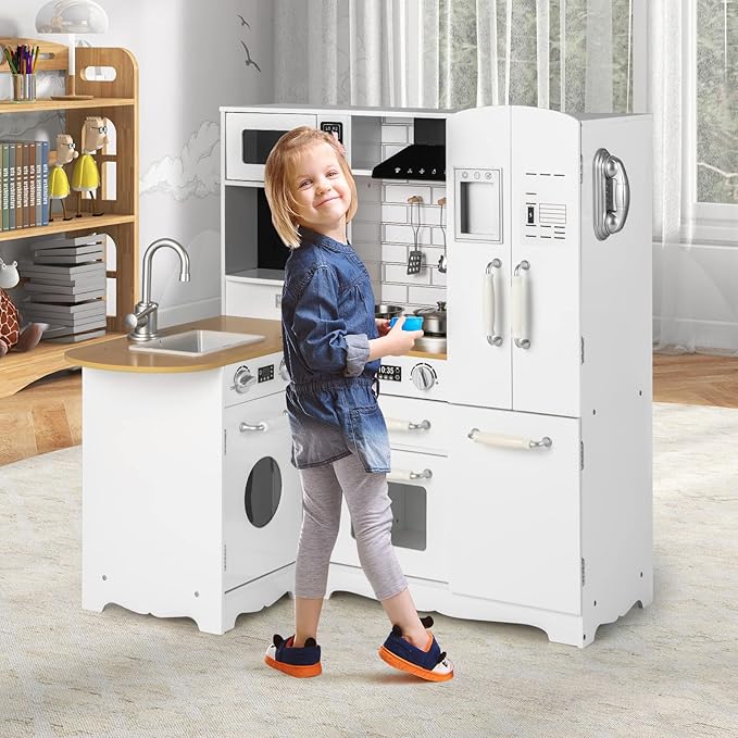 HONEY JOY Corner Kids Kitchen Playset, Little Chef Wooden Play Kitchen for Toddlers, Microwave, Refrigerator, Water Dispenser, Range Hood, Cookware, Pretend Play Toy Kitchen Set for Boys Girls