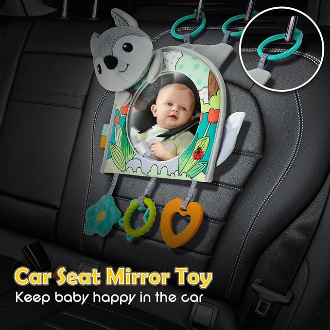 Car Seat Toy, Baby Car Mirror Toy for Rear Facing, Travel Baby Activity Center with Hanging Engaging Toys for Infants Babies 0-6-12-18 Months Boy Girl
