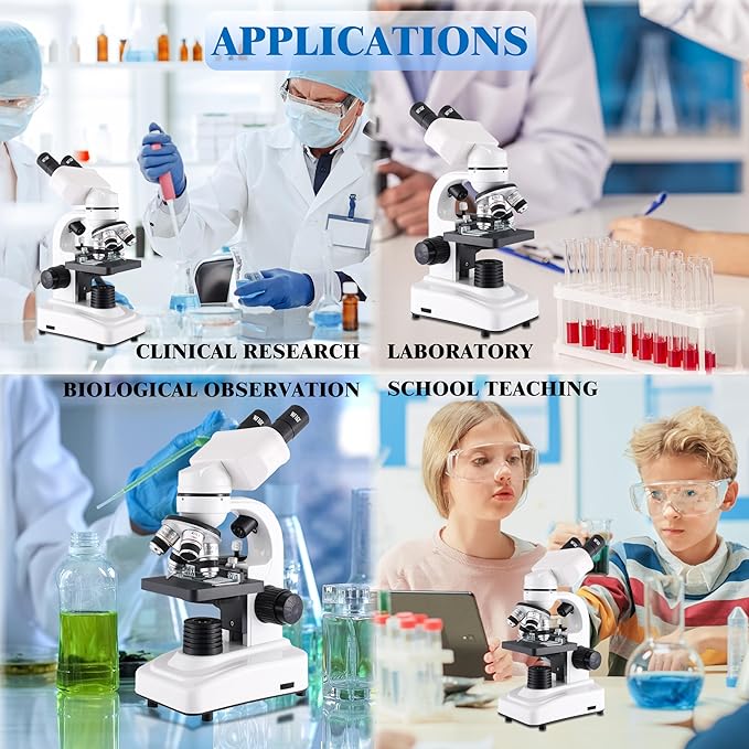 Compound Binocular Microscopes 64X-6000X with Electric Len, Microscope for Adults Kids Students, 4 Objective Lens, Biological Microscope Kit for School, Lab