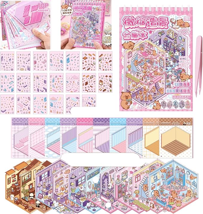 3D Sticker Scene Book,Sticker Therapy for Adults,Include 10 Beautiful House Isometric 3D Space DIY Scene Stickers Book,Cute Art Stickers for Girls