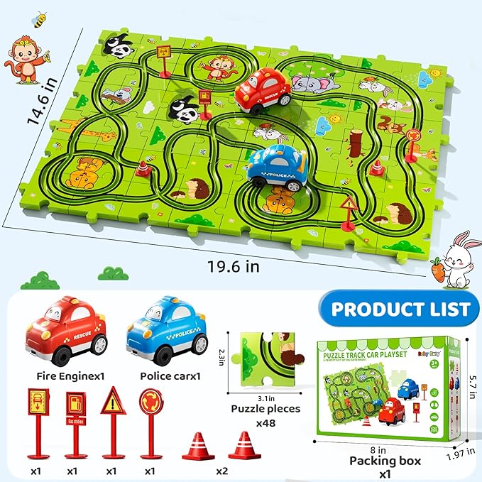 48PCS Puzzle Race Track Car Set Toys for Kids Boys, Floor Puzzle Car Tracks for Boys Ages 3-5 4-6, Toddler Toys Gifts for 3 4 5 Year Old Kids, Ideal 3 4 5 6 Year Old Birthday Gifts