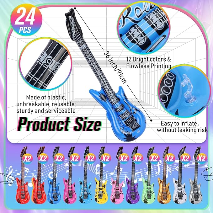 24 Pcs Colorful Inflatable Instruments Rock Star Toy Set Including 12 Pcs Plastic Microphones, 12 Inflatable Guitars and 1 Inflator for Musical Concert Themed Party Decoration