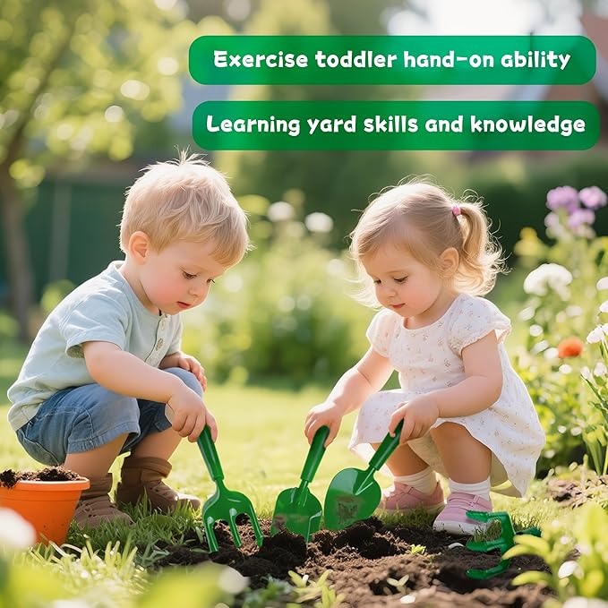 Duckura Kids Gardening Tools Set - 4pcs Garden Tool for Kids with Shovel, Rake, Hoe, Outdoor Summer Yard Lawn Digging Toys, Halloween Birthday Gifts for Boys Girls Age 2 3 4+ Years Old