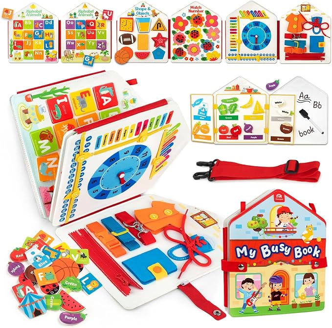 Coogam Toddler Felt Montessori Busy Book, Activity Busy Sensory Boards Fine Motor Skill Quiet Book Car Travel Busy Binder Autism Toys Preschool Learning Educational Toy Gift for 3 4 5 Year Old Kids