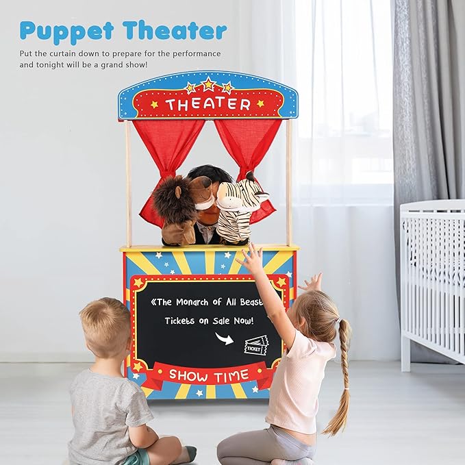 Wooden Puppet Theater Bonus 2 Hand Puppet, Double-Sided Lemonade Stand & Puppet Show Theater for Kids, Wood Deluxe Children Puppet Theatre Toy with Chalkboard