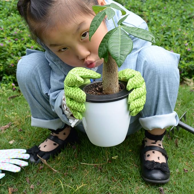 HANDLANDY 2 Pairs Kids Gardening Gloves, Girls Boys Children Garden Work Play Gloves (Green Ladybug & Dot, Small)