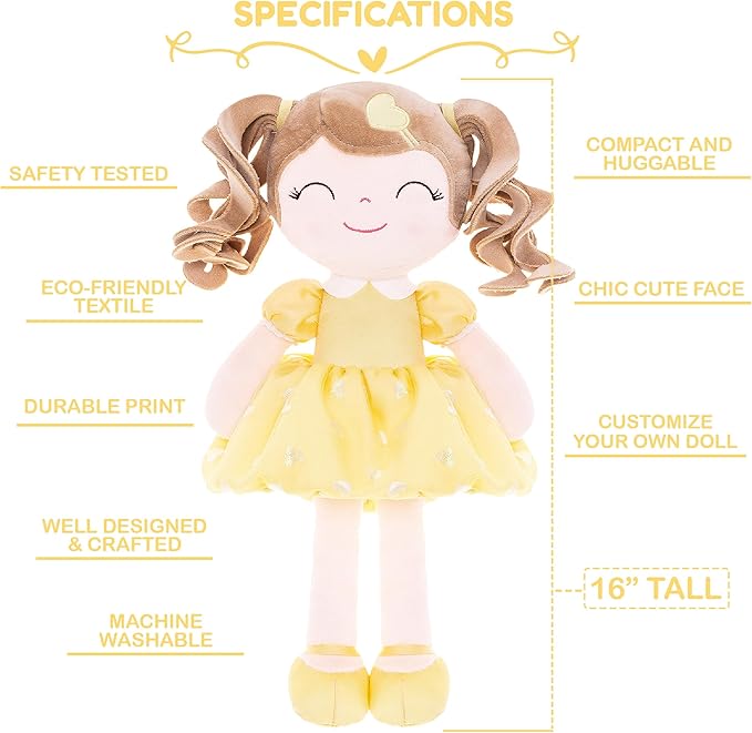 Gloveleya Personalized Curly Doll with Your Name - Cute Custom Yellow Soft Plush Doll for Girls Plush Doll Customized Gifts