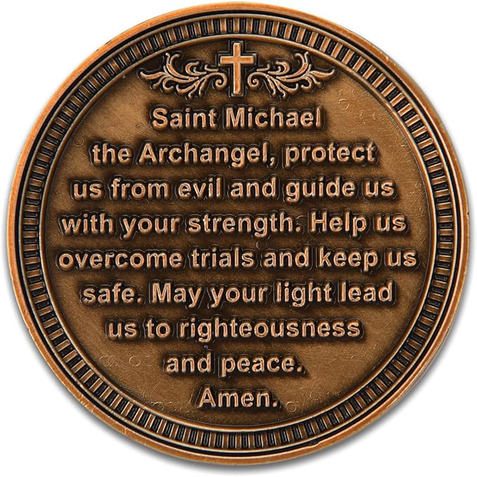 5Pcs Saint Michael Archangel Protection Coin, 1.57-Inch Double-Sided Zinc Alloy Collectible with Antique Finish, Featuring Saint Michael Prayer Christian Challenge Coin (Pack of 5)