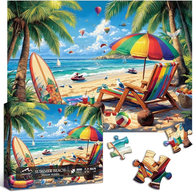 Beach Puzzles for Adults 1000 Pieces, PICKFORU Vintage Summer Puzzle Lounge Chair Beach Vacation, Difficult Seaside Puzzles for Adults, Colorful Art Puzzle as Wall Decor