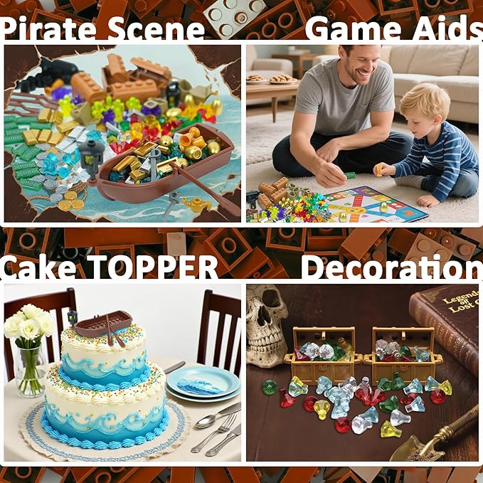 Money Pirate Ship Treasure Accessories, Bank Dollars Cannon Crystals Gems Coins Gold Bar Silver Map Cash Chest, City Friends People Weapons Bricks Parts and Pieces Building Blocks Toys