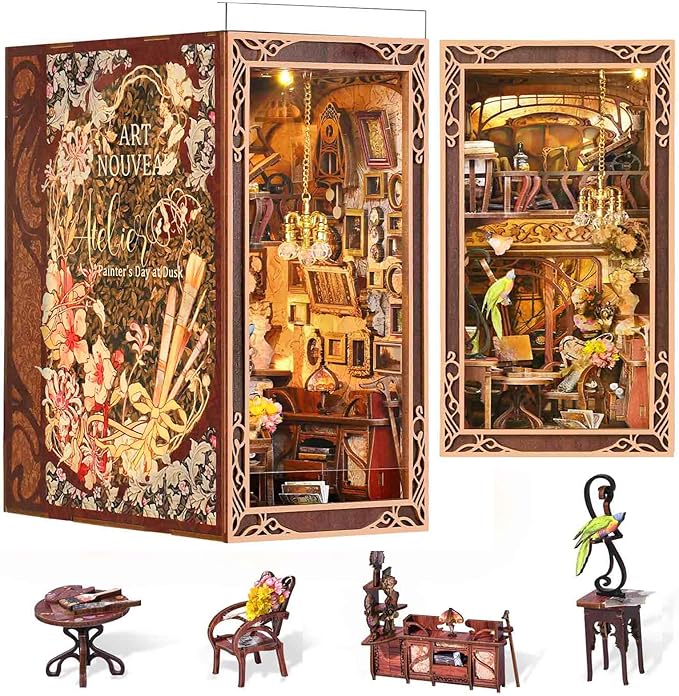 Book Nook Kit, DIY Miniature Dollhouse Booknook Kit, 3D Wooden Puzzle Bookend Bookshelf Insert Decor with LED Light for Teens and Adults, Painter's Day at Dusk