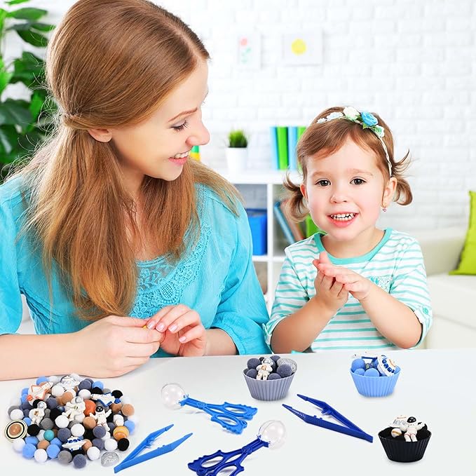152 Pcs Space Sensory Bin Fillers Outer Space Fine Motor Skills Astronauts Sensory Bin Item Pompoms Cups Tweezers Scissor Clips for Preschool Education Activities Sorting Counting