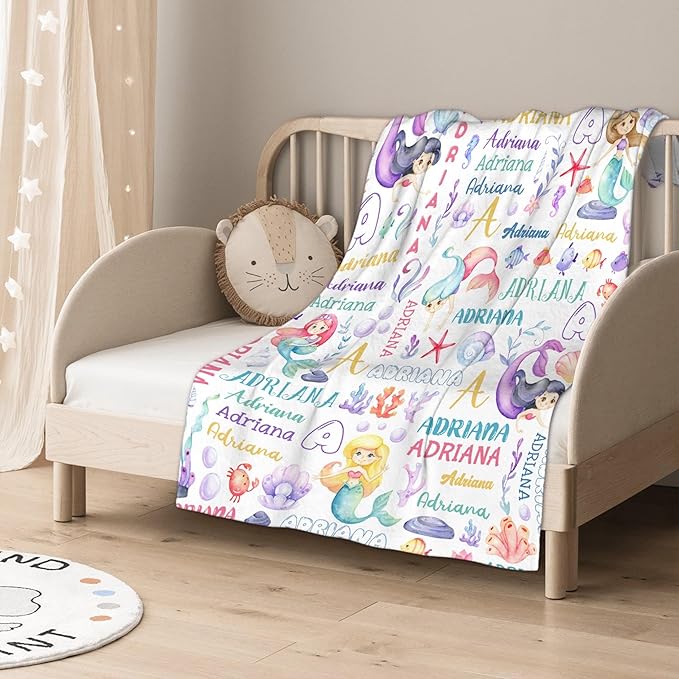 Personalized Baby Blanket for Girls Boys Kids Mermaid Custom Baby Blanket with Name Throw Birthday Gift for Toddlers Infants Shower Newborns Nursery Stroller Crib Bed Decor