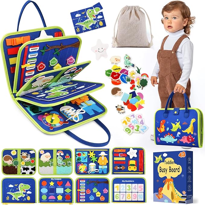 Toddler Sensory Busy Board: Travel Toy Activity Book for Girls Boys, Motor Skill Development Gift for Baby Aged 3-4 Years, Fine Educational Preschool Montessori Learning Toy for Car Airplane Dinosaur
