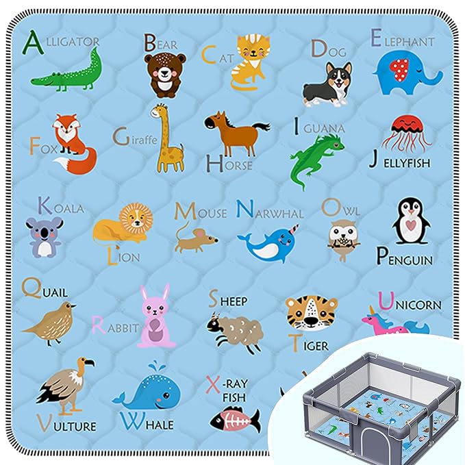 Baby Play Mat，Thick Soft 50" X 50" Playpen mat, Non-Slip and Machine Washable Baby Play Mats for Floor，Crawling Mat for Babies, Toddlers & Infants to Play and Learn (Blue Animal, 50" X 50")