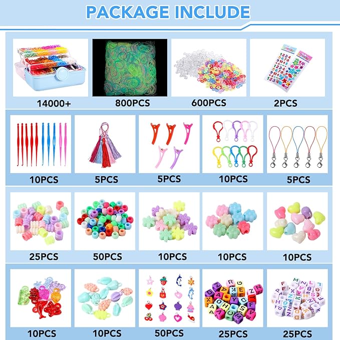 SUMAJU 18500+ Bracelet Making Kit Rubber Band, 26 Colors Rubberband Bracelet Kit with 3 Layer Container Includes Glow-in-The-Dark Rubber Bands, Bracelet Making Refill Kit Birthday Gift for Kids(Blue)