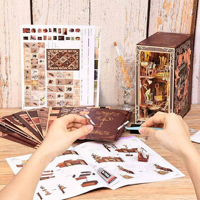 Book Nook Kit, DIY Miniature Dollhouse Booknook Kit, 3D Wooden Puzzle Bookend Bookshelf Insert Decor with LED Light for Teens and Adults, Painter's Day at Dusk