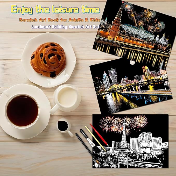 Scratch Art Book for Adults-Landmark Building Scratch Art|Scratch Painting Paper Craft Kit|Creative Foil Engraving Art Set|Scratch City Series Books for Travel Lovers,Craft Lovers(New City 1)