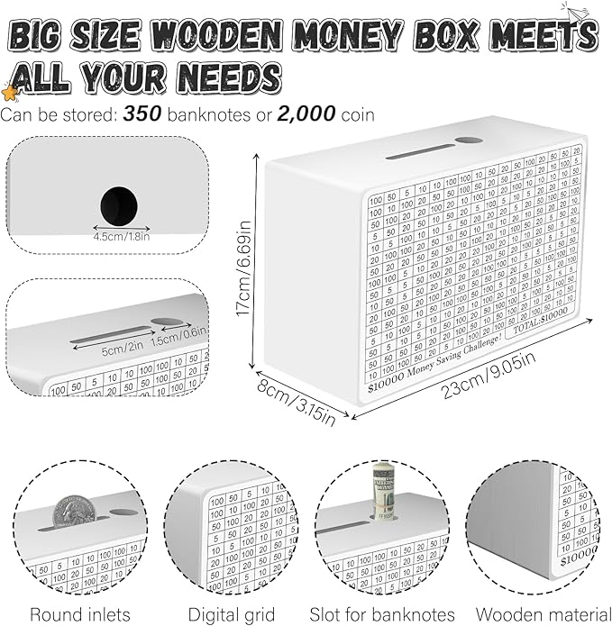 Wooden Money Saving Box, Cash Savings Box for $10000 $5000 $3000 $1000 $800 $500 Target Money Saving Challenge, Money Box with Counter/Dry Erase Pen/Savings Trackers/Rubber Band -White