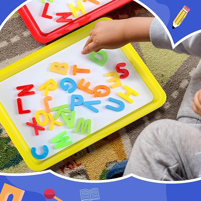 Magnetic Dry Erase Activity Trays Set 9.44 x 13 Inches Classroom Stackable Magnetic Trays with 8 Colorful Dry Erase Markers Letter White Board for Kid Teacher Supplies(12 Pcs,Bright Colors)