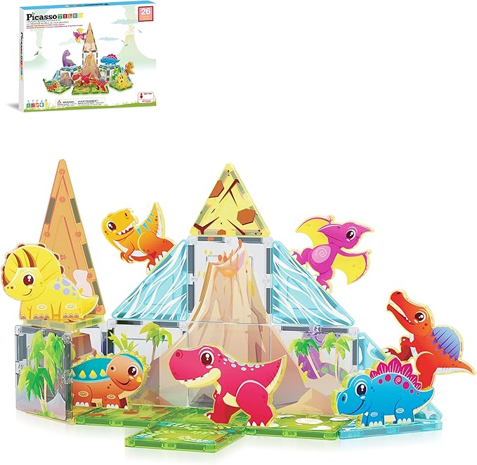 PicassoTiles Magnet Tile Building Blocks Dinosaur World Themed Playset with 8 Animal Character Action Figures Magnetic Tiles STEM Learning Pretend Play Toy Construction Set Boys Girls Ages 3+ PTQ23