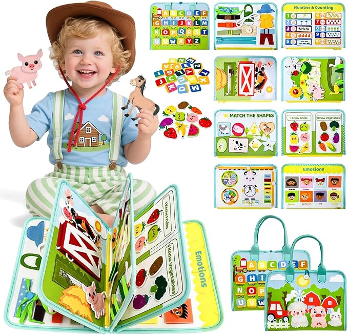 Busy Book for Toddlers - Farm Montessori Toys Busy Board for Boy Girl Gifts Educational Learning Activity Book Toddler Airplane Travel Toy Birthday Gift