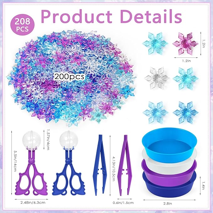 208 Pcs Winter Frozen Sensory Bin Items Winter Acrylic Snowflake Counting Sorting Sensory Bin Filler Fine Motor Frozen Snowflake Counts for Xmas Counting Decor