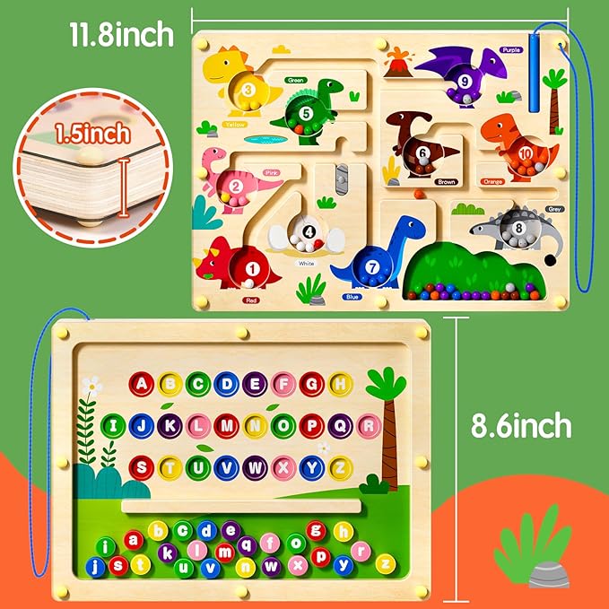 2 in 1 Magnetic Color and Number Maze Double-Sided ABC Alphabet Puzzles Board Magnet Dinosaur Counting Maze Preschool Learning Montessori Education 3 4 5 Years Toys (Multicolored, One Size)