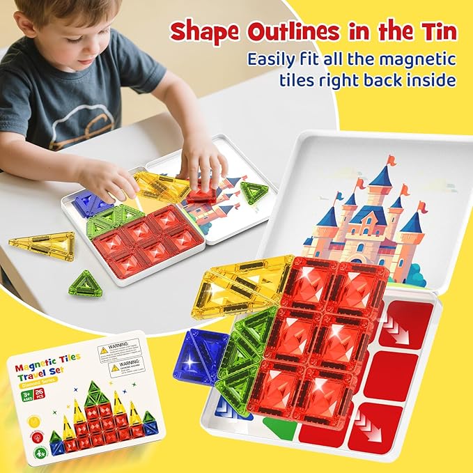 Magnetic Tile Mini Diamond Set Travel Size Magnetic Building Toys with Iron Case, Kid's Travel Essential On-The-Go Magnet Construction Toy Set STEM Development Kit Ages 3+, 26-Piece