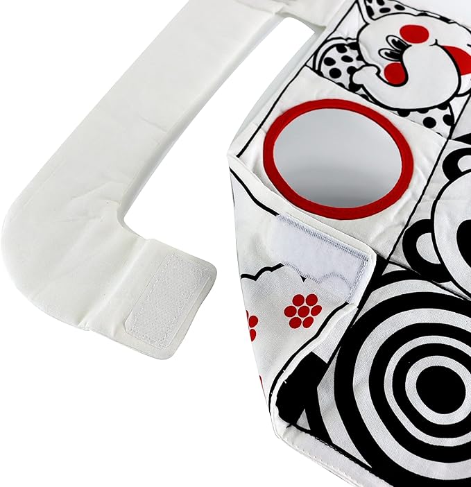 Reversible Car Activity Center Toy for Baby in Black, White and Red, Easy to Attach, with Baby Safe Mirror