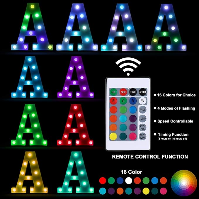 Foaky Colorful LED Letter Lights with Remote,Marquee Light Up Letters Sign for Night Light Wedding/Birthday Party Battery Powered Christmas Lamp Home Bar Decoration(G)