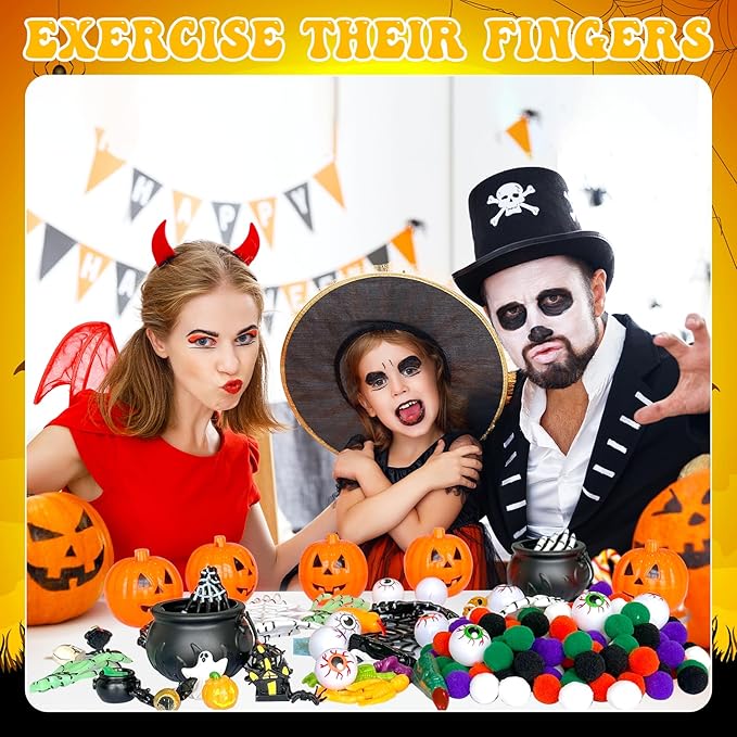 243 Pcs Halloween Sensory Bin Filler Sensory Bin Items Fine Motor Tools Counting Sorting 150 Pom Pom 75 Resin Pumpkin Witch Hat Skeleton Hand Ghost for Halloween Sorting Counting Training