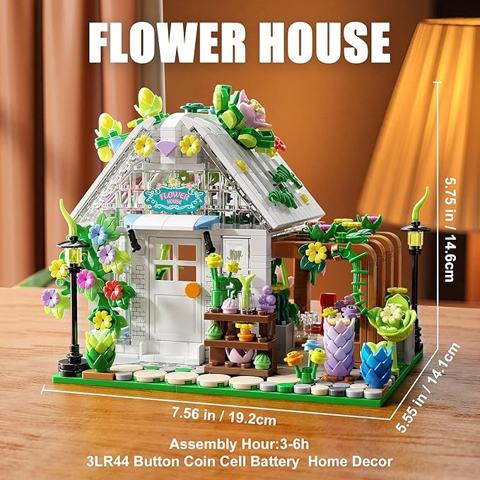 TGL Flower House Building Set with Lights,Garden House Building Toy Kits Compatible with Trend,Creative Greenhouse Playset,Christmas Birthday Gift for Adults or Girls 8-12 Years(719PCS)