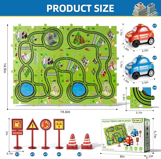 Bennol Toddler Toys Gifts for 2 3 4 5 Year Old Boys, 56 Jigsaw Puzzle Race Track Car Set for Kids Boys Toddlers 1-3 2-4 3-5 4-6, Puzzle Tracks Car Toys Gifts for 2 3 4 5 Year Old Boy Kid