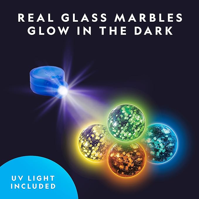 NATIONAL GEOGRAPHIC Glowing Marble Run Expansion Pack - 5 Glow in The Dark Glass Marbles, 20 Construction Pieces, UV Light, Great Creative STEM Toy for Girls and Boys