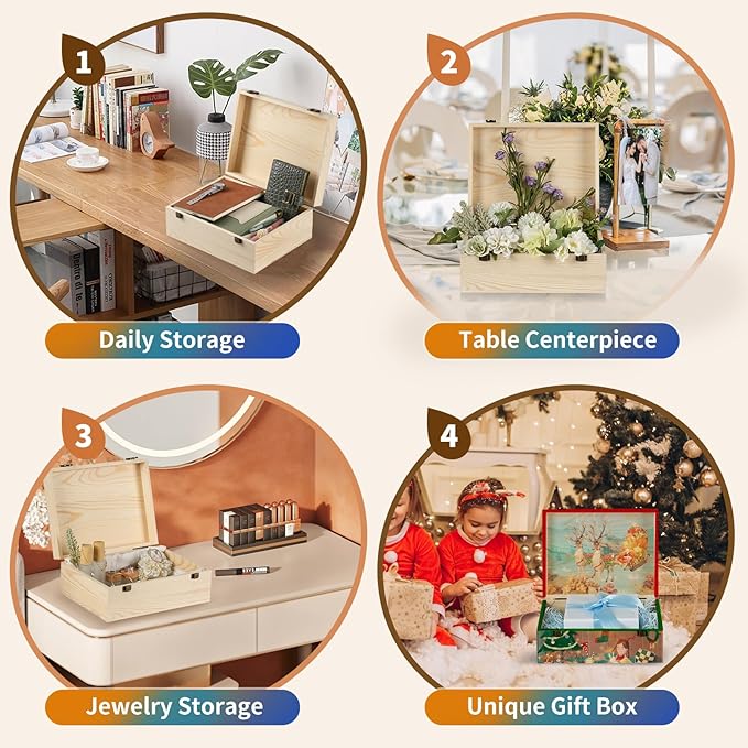 2 Pack Unfinished Wood Box with Lid Large Wooden Box(14”x10.4”x 6.5"+12"x 9"x4.9") Pine Storage Wood Boxes for Crafts, Jewelry, Art, DIYMemory,Keepsake Wooden Gift Boxes