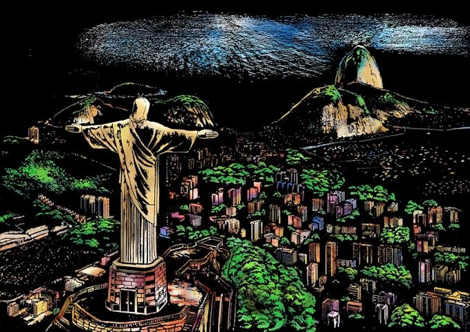 Rainbow Scratch Art Painting Paper (A4) for Adults & Kids, DIY Night View Scratchboard, Engraving Art Set: 4 Sheets Scratch Cards & Clean Brush, Drawing Pen (Tower Bridge/Italy/Prague/Brazil)
