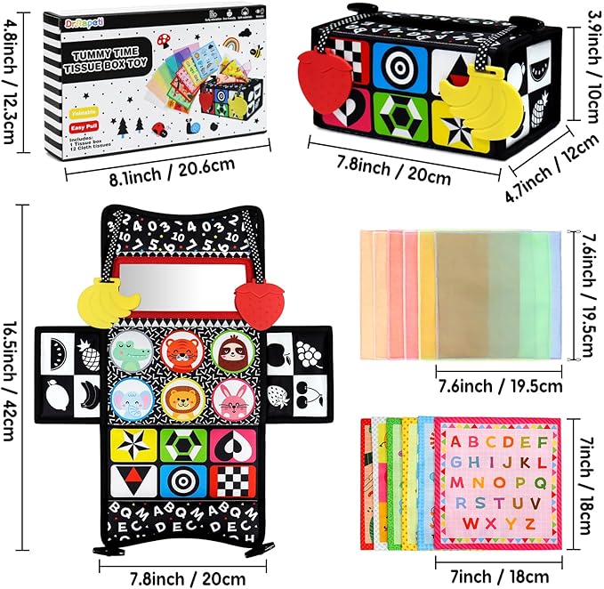 Dr.Rapeti Tummy Time Mirror, Tissue Box Toy, 3in1 Black and White High Contrast, Double-Sided Foldable Sensory Montessori Toy, Crinkle Silk Scarves Teethers 0-6 6-12 Month Newborn Infant Baby