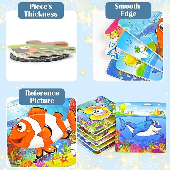 Vileafy Under The Sea Party Favors for Kids – 12 Pack Ocean Animal Wooden Puzzles with Gift Bags – 20-Piece Mini Jigsaw Toys for Boys & Girls Ages 4-8 – Birthday Return Gifts, Classroom Prizes