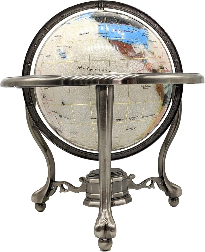 Limited Edition! Unique Art Since 1996 Pearl Swirl Table Top Gemstone World Globe with Tripod Silver Zinc Alloy Stand (220MM/9 INCHES/Pearl Ocean/Silver)