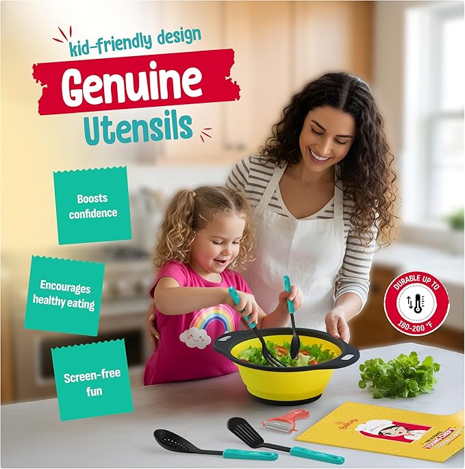 Baketivity Kids Cooking Set Real Utensils With Kitchen Tool Guide - Complete Junior Cooking Set Gift For Girls Or Boys With Mixing Bowls, Cutting Board, Knife, Apron - Kids Baking Set For Real Cooking