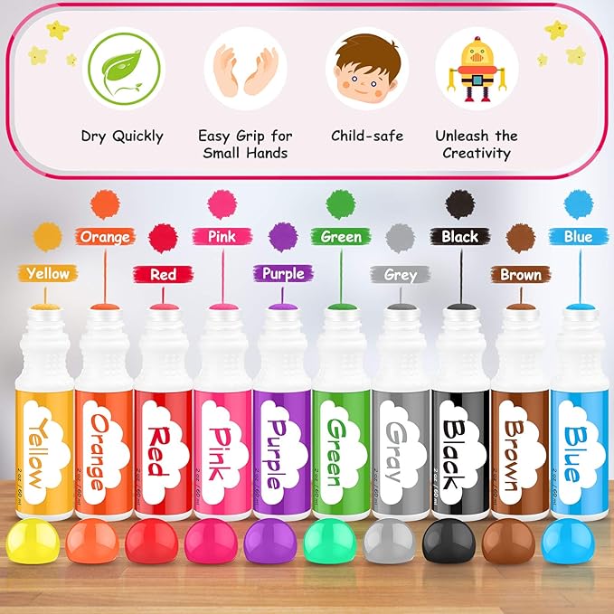 Soucolor Washable Dot Markers for Toddlers Kids Preschool, 10 Colors 2 oz Bingo Daubers Paint Markers Set with 48 Pages Tearable Activity Book for Toddler Arts and Crafts Kits Supplies, Water-Based