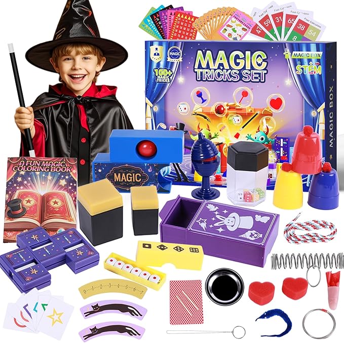 Magic Tricks Kit, 30 in 1 Magic Tricks Set for Kids Age 6 7 8 9 10 11 12, Magician Costume for Pretend Play & Step-by-Step Video Instruction for Beginners, Christmas Halloween Birthday Gifts for Kids