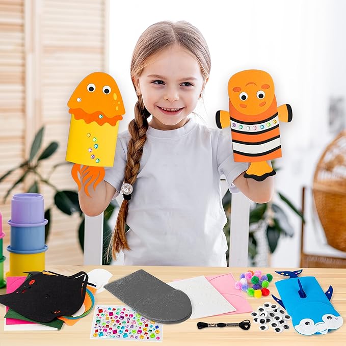 WATINC 6Pcs Hand Puppet Making Kit, Art Craft Felt Sock Puppet Toys, Creative DIY Make Your Own Pompoms Wiggle Googly Eyes Storytelling Role Play Party Supplies Gift for Girls Boys (Ocean Animals)