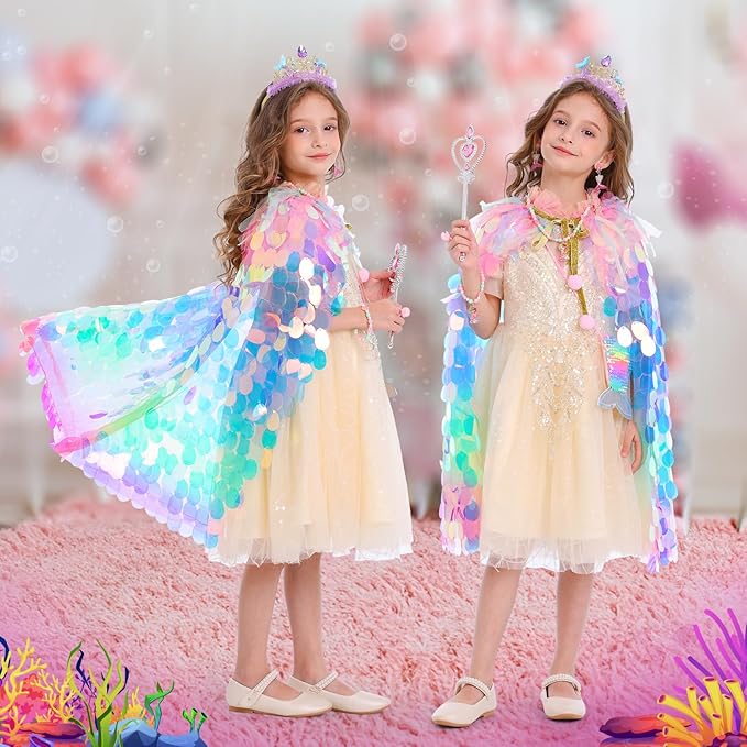 Princess Dress Up Toys Princess Dress Up Clothes Rainbow Mermaid Cape Kit 9 Pcs Gift Set for Little Girls 3-8 Years