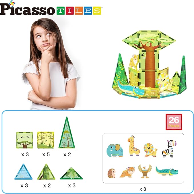 PicassoTiles Magnet Tile Building Blocks Safari Themed Playset with 8 Animal Character Action Figures Magnetic Tiles STEM Learning Imaginative Play Toy Construction Set Preschool Toddler Ages 3+ PTQ22