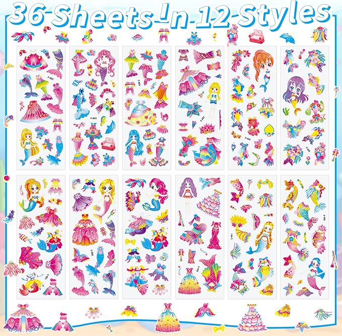 36 Sheets Mermaid Stickers for Kids - 900+ 3D Puffy Stickers Ocean Theme | Sea Animals, Shells, Mermaids | Reusable, Waterproof | Crafts, Scrapbooking, Gifts