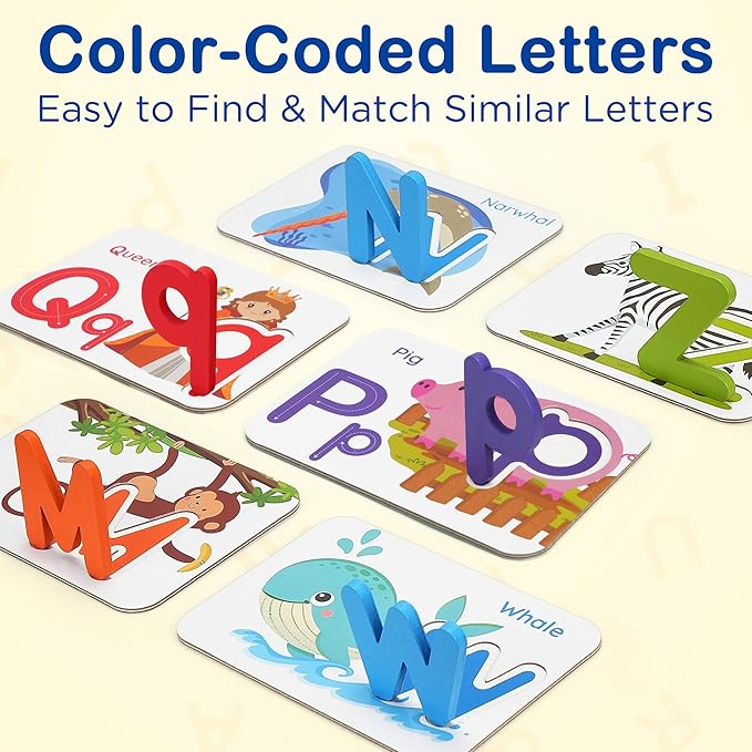 BenBen Alphabet Flash Cards, 52 Upper and Lowercase Wooden Letters, 26 Flashcards, Montessori ABC Learning Toys for Kids Ages 3-5, Preschool Learning Activities, Matching Game Puzzles