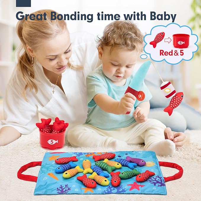 hahaland Toddler Toys Montessori Toys for 1 Year Old Boy Girl Birthday Gift - 10 in 1 Cloth Fishing Game for Toddler 1-3 with Stacking Cups - Number Counting, Color Sorting Learning