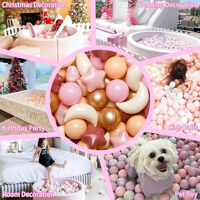 GOGOSO Ball Pit Balls Stars Moon Shapes Plastic Pitballs for Toddler Play Tent Baby Photo Props Kids Pool Water Toys Kiddie Pool Party Decor,Brown Pink, 100pcs